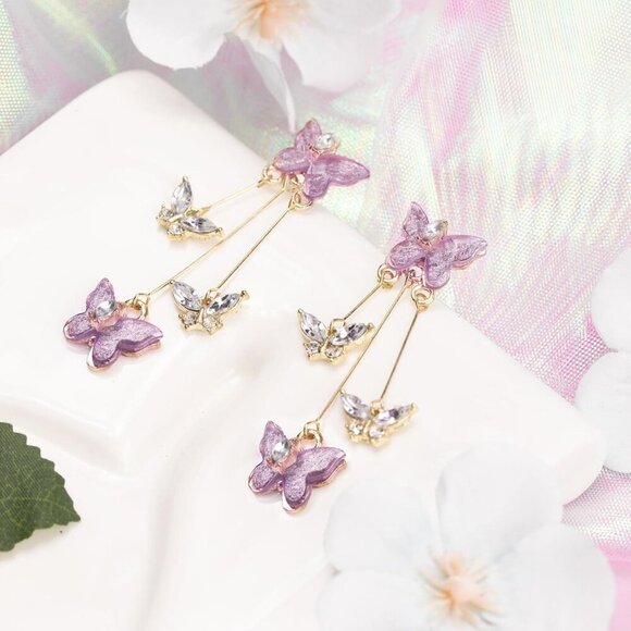 Elegant Purple Butterfly Tassel Earrings for Women - Spectacular Charm Jewelry - Picture 3 of 6